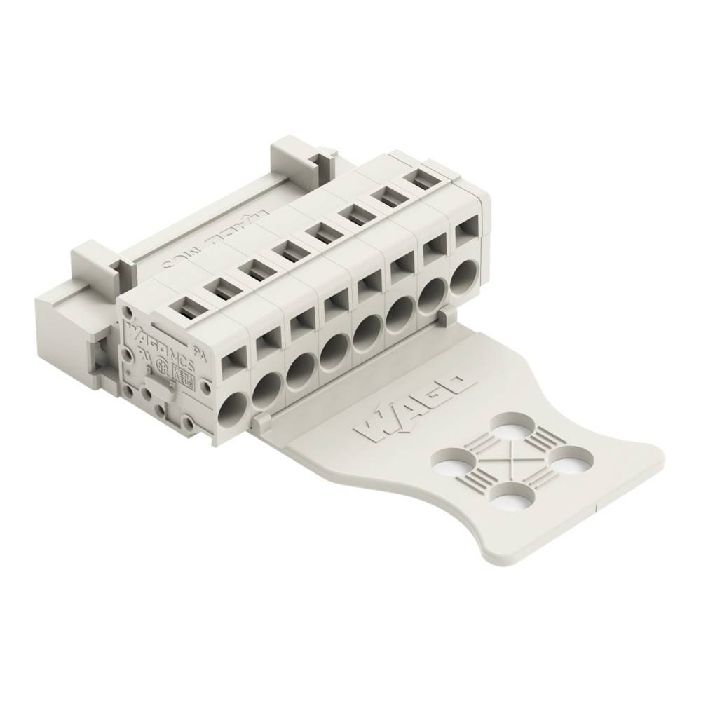 Ein grauer elektrischer Anschlussblock mit acht Anschlüssen und einer flachen Hebelauslegung, der zum sicheren Anschließen von elektrischen Kabeln verwendet wird.