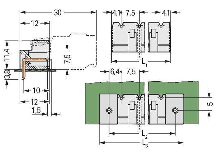 Technische Zeichnung mit detaillierten Maßangaben einer Baukomponente mit verschiedenen beschrifteten Abmessungen in Millimetern, einschließlich 30, 7,5, 4,1, 7,5 und 6,4.