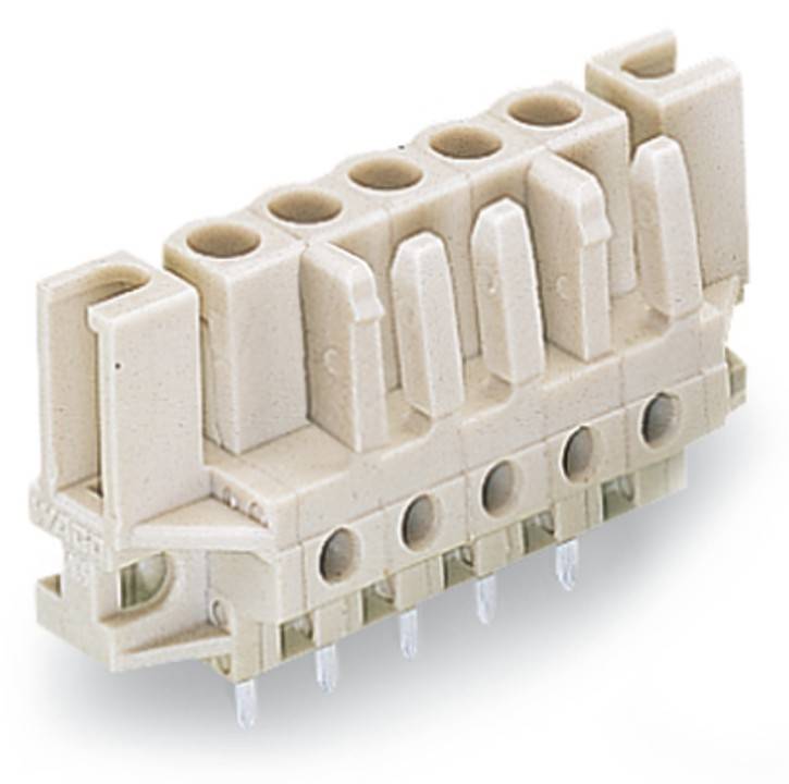 Ein beiger Terminalblock-Verbinder mit mehreren Schraubklemmen und Pins für elektrische Verbindungen, der in Schaltungsanordnungen verwendet wird.