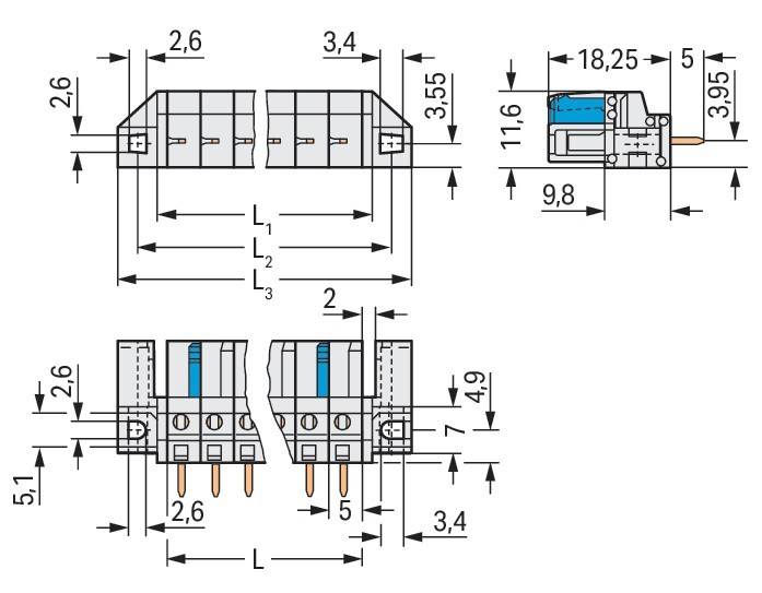Technische Zeichnung eines elektrischen Anschlusses mit Maßangaben: Länge 2,6, Höhe 3,4, Breite 1,6 cm, sowie Details zur Pinabstandsbestimmung.