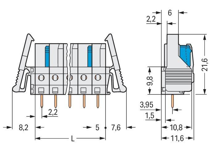 Technische Zeichnung eines elektrischen Anschlusses mit detaillierten Maßen und Spezifikationen, wobei Größenabmessungen in Millimetern hervorgehoben sind.