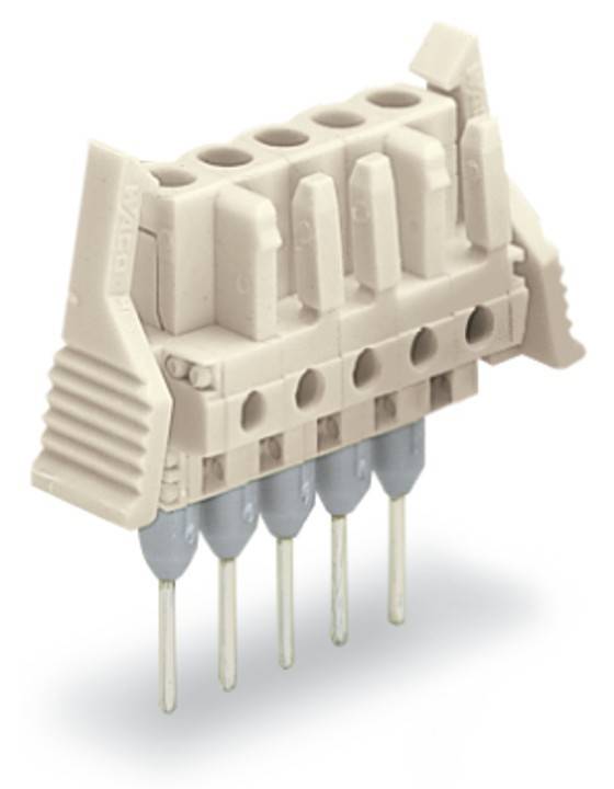 Ein beiger elektronischer Steckverbinder mit mehreren Pins und Steckplätzen, der zur Anbringung von Schaltkreisen verwendet wird. Die Pins sind silbern, und das Steckerdesign ist detailliert ausgearbeitet.