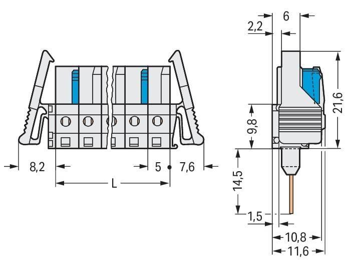 Technische Zeichnung eines Doppelstock-Reihenklemmenblocks mit markierten Abmessungen. Wesentliche Maße umfassen eine Höhe von 14,5 mm, weitere Abmessungen sind beschriftet.