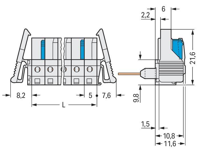 Elektrischer Verbinderdiagramm mit Abmessungen: Breite 2,2 mm, Höhe 10,8 mm und Tiefe 11,6 mm. Pinstärke beträgt 6 mm.