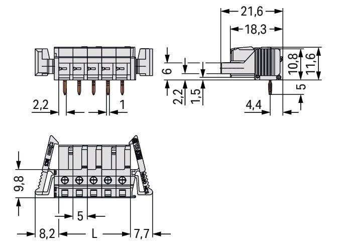 Elektrischer Verbinder - technische Zeichnung mit Abmessungen: 21,6 mm Länge, 18,3 mm Breite, 10,8 mm Höhe. Pinabstand beschriftet.