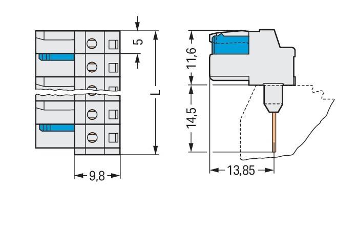 Diagramm zur Darstellung der Abmessungen einer elektrischen Komponente: Breite 9,8 mm, Länge 'L', Höhe 14,5 mm und andere angegebene Maße.