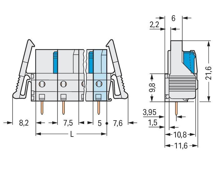 Technische Zeichnung eines elektrischen Anschlusses mit Maßangaben: Breite 7,5 mm, Höhe 9,8 mm, detaillierte Schlitze und Abstände beschriftet.