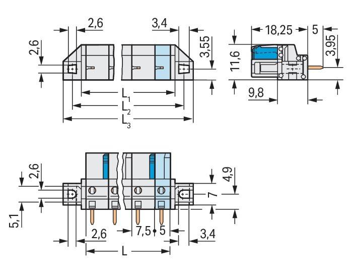 Technische Zeichnung eines elektrischen Anschlusses mit Abmessungen: Breite 2,6, 3,4 und Höhe 18,25, 9,8, 11,6, 7,4 und 4,9 mm.