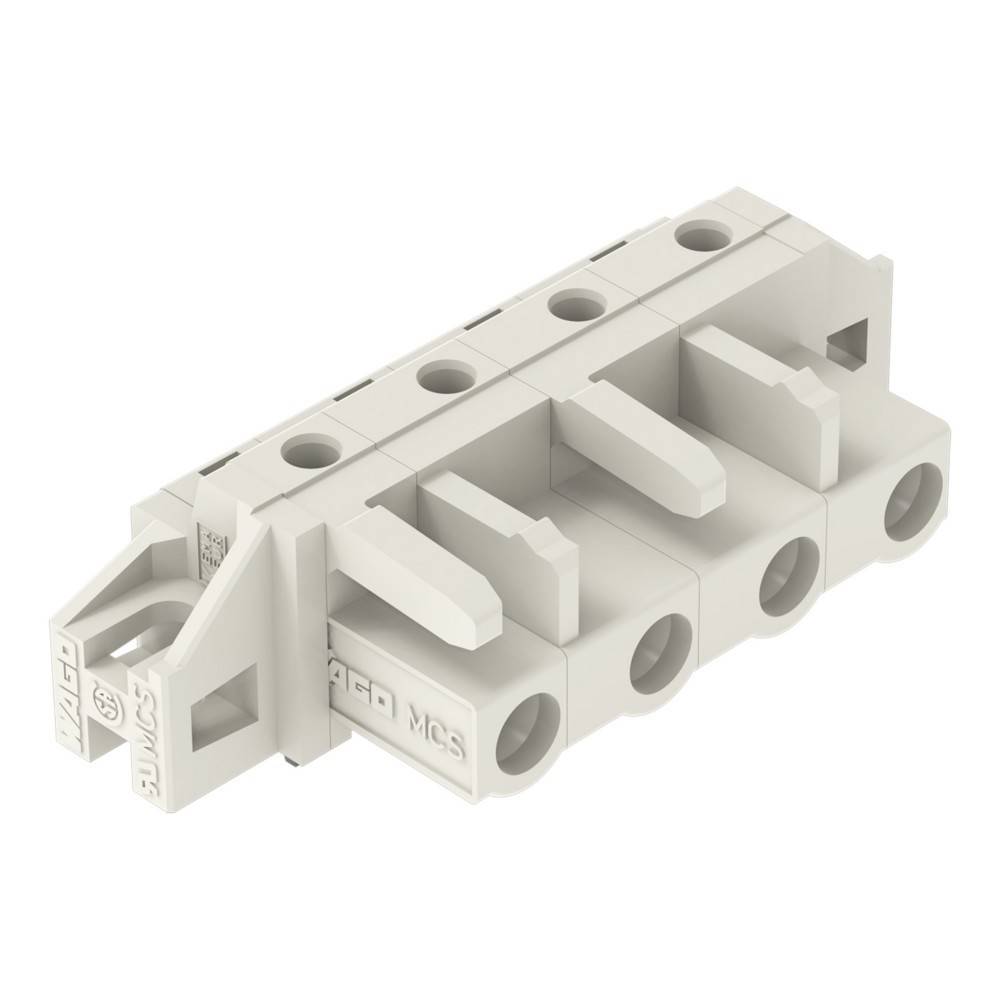Ein weißer Kunststoff-Elektroverbinder mit vier Schlitzen, in Schrägansicht, der zum Sichern und Organisieren mehrerer elektrischer Kabel verwendet wird.