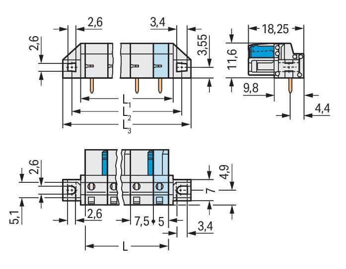 Schaltplan eines elektronischen Bauteils mit Maßangaben: 2,6, 3,4, 18,25 mm Breite; 11,6, 9,8 mm Höhe; Ansichten von oben und der Seite mit Anschlüssen.
