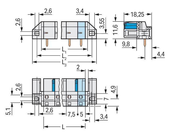 Technische Zeichnung einer elektrischen Komponente mit detaillierten Maßangaben in Millimetern, mit Vorder- und Seitenansicht und beschrifteten Abmessungen.