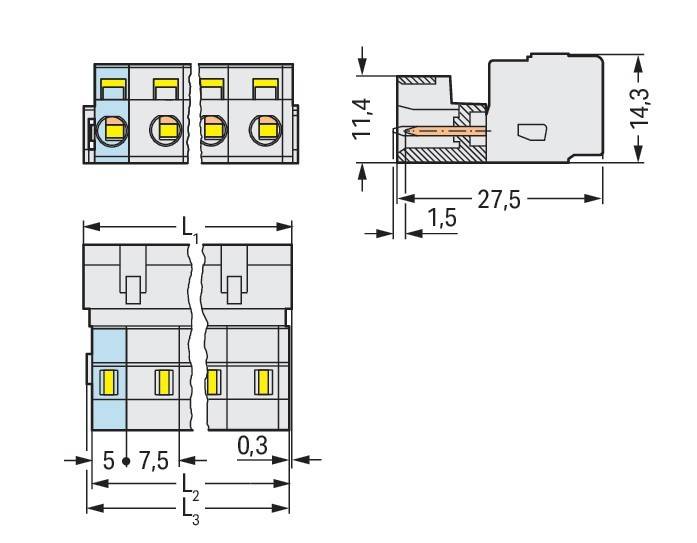 Technische Zeichnung eines elektrischen Anschlusses mit Abmessungen: 11,4 mm Höhe, 27,5 mm Länge und 7,5 mm Breite angegeben.