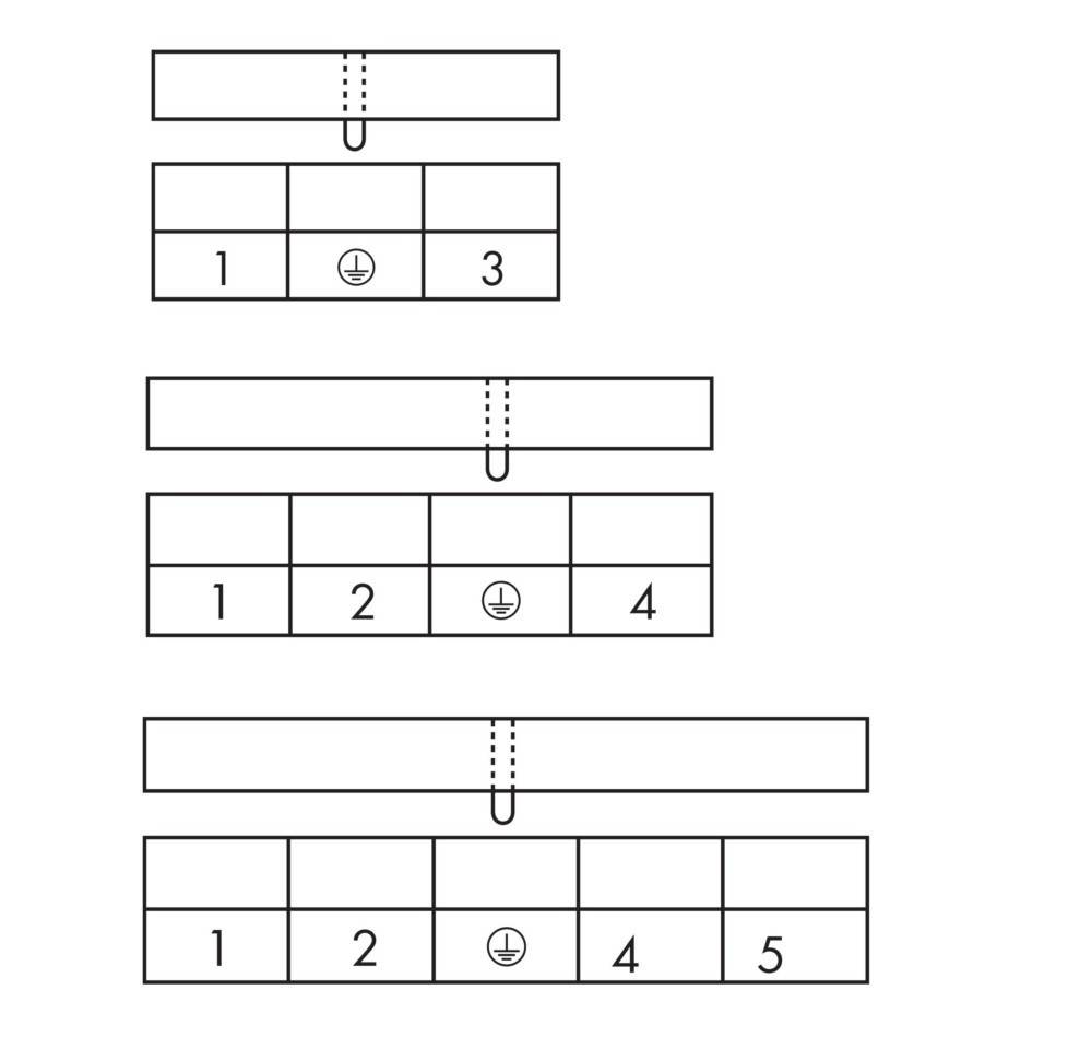 Diagramm mit drei verschiedenen Typen von Steckdosen: Einzelsteckdose mit Erdung, Doppelsteckdose mit Erdung und Dreifachsteckdose mit Erdungen.