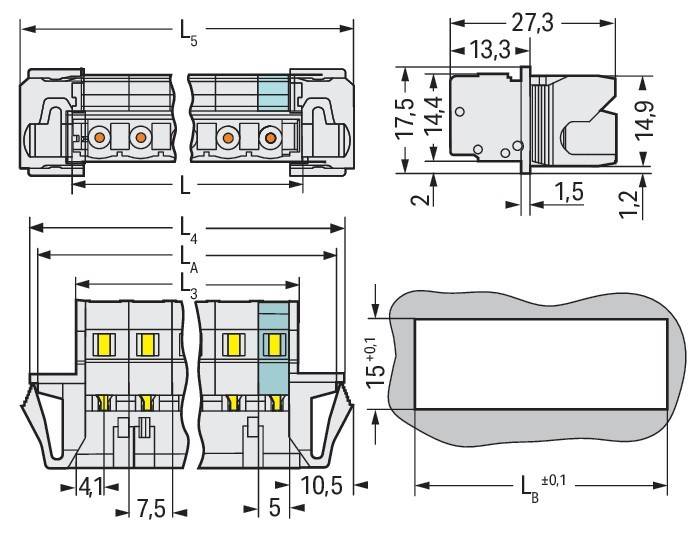 Technische Zeichnung einer elektrischen Komponente mit mehreren Ansichten und Maßangaben in Millimetern. Schlüsseldimensionen sind beschriftet.