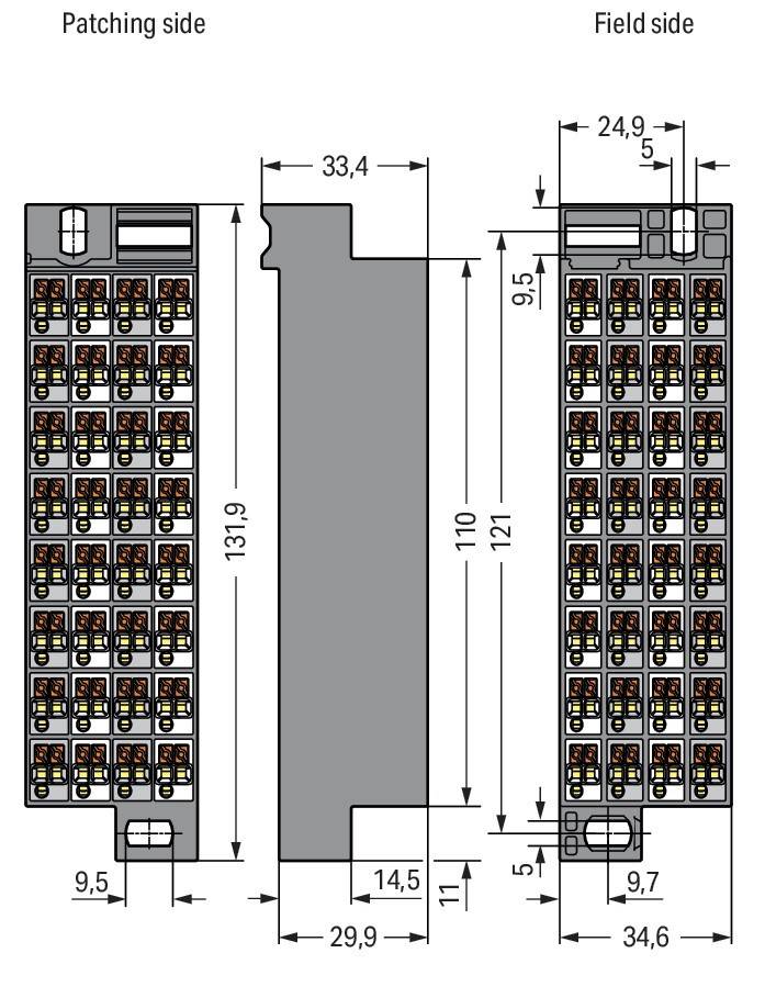 Technische Zeichnung einer elektronischen Komponente mit detaillierten Maßangaben in Millimetern, die Innenteile und deren Konfiguration zeigt.