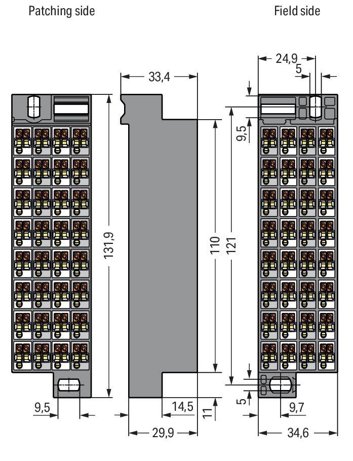Schaltplan eines elektronischen Geräts mit zwei Reihen von Komponenten, Abmessungen gekennzeichnet mit 33,4 mm Breite und 121 mm Höhe, mit beschrifteten Bauteilen.
