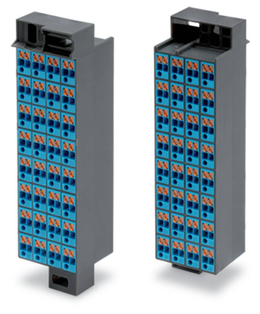 „Zwei modulare elektrische Anschlüsse mit mehreren blauen und orangefarbenen Anschlusspunkten, die zur Verbindung elektronischer Komponenten verwendet werden.