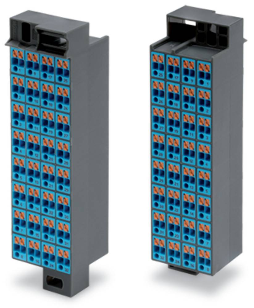 Zwei blaue und graue elektrische Anschlussklemmen mit mehreren Anschlusspunkten, die zum Organisieren und Verwalten von elektrischen Leitungen verwendet werden.