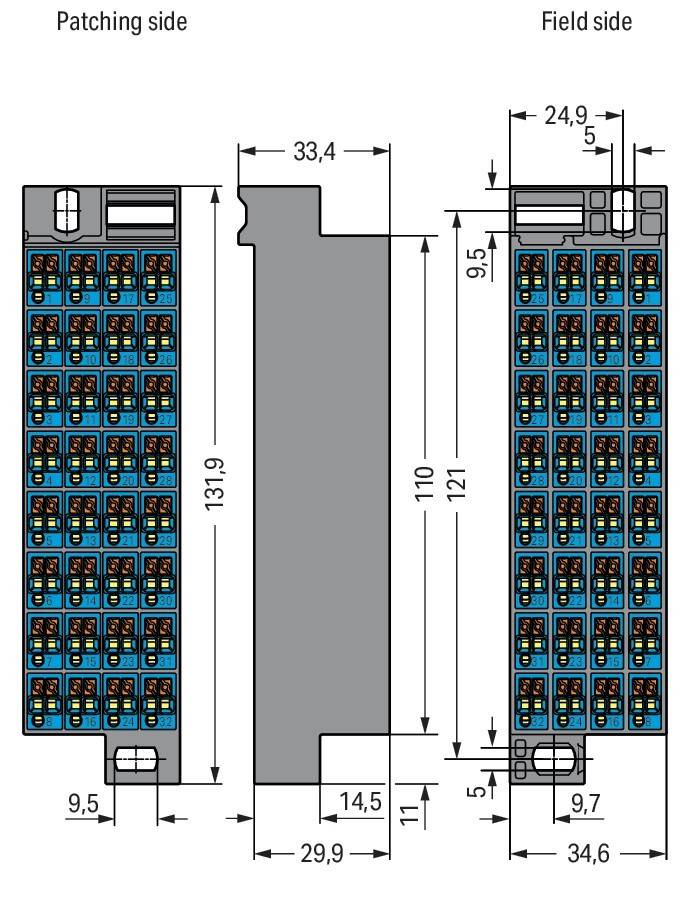 Diagramm eines industriellen Moduls mit angezeigten Maßen: Höhe 121 mm, Tiefe 33,4 mm und Breite 24,9 mm. Interne Komponenten sind sichtbar.
