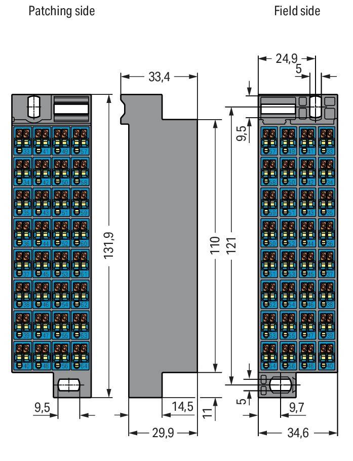 Eine Skizze einer blauen und grauen elektronischen Komponente mit Maßangaben: 33,4 mm Breite, 9,5 mm Höhe für Bauteile und Gesamthöhe von 121 mm.