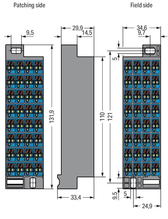 Technische Zeichnung eines elektronischen Moduls mit beschrifteten Abmessungen. Front- und Seitenansicht zeigen Messungen: Breite 29,9 mm, Höhe 137,1 mm.