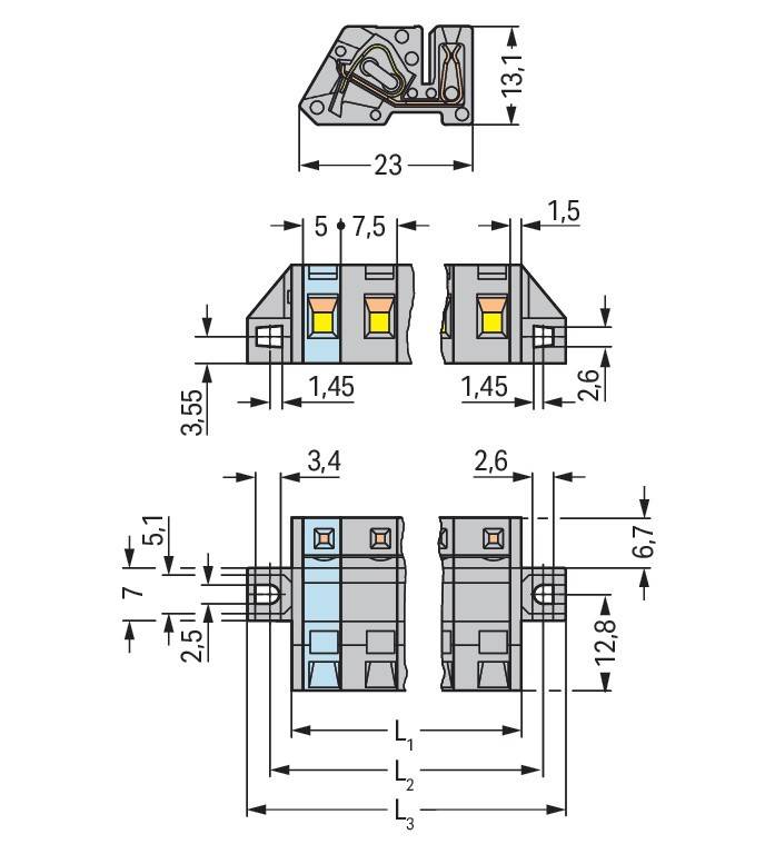 Technische Zeichnung einer mechanischen Komponente mit detaillierten Maßangaben in Millimetern, die Seiten- und Draufsicht zeigt, einschließlich Abmessungen und Winkel.