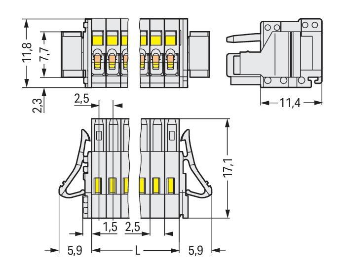 Technische Zeichnung eines modularen Klemmenblocks mit Abmessungen: 2,5 Breite, 11,4 Länge, 17,1 Höhe. Zeigt Drahteinführungspunkte.