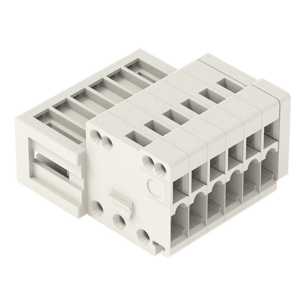 Ein weißer, rechteckiger Anschlussblock mit fünf Steckplätzen, der für elektrische Verkabelung verwendet wird und Öffnungen zur Drahteinführung und sicheren Befestigung aufweist.