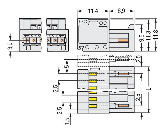 Diagramm eines elektrischen Anschlusses mit Maßangaben: 11,4 mm Breite, 8,9 mm Länge. Zeigt mehrere Seitenansichten mit beschrifteten Abmessungen.