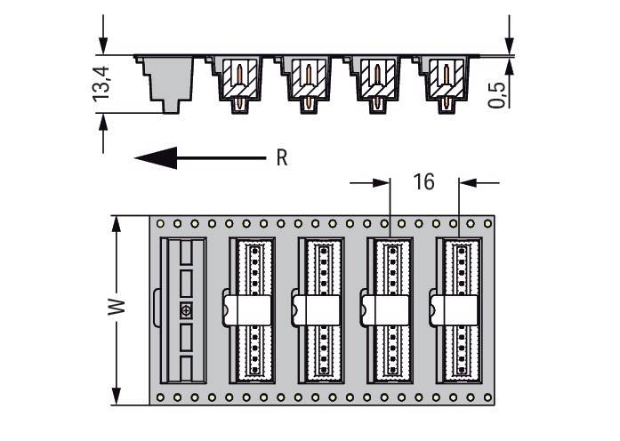 Diagramm zur Darstellung der Abmessungen eines elektrischen Anschlusses mit vier Reihen von Pins. Draufsicht zeigt eine Breite (B) und ein beschriftetes 'R'.