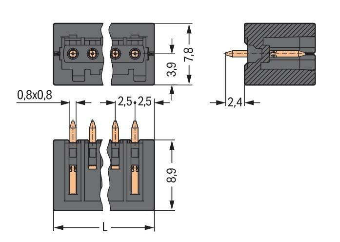 Diagramm zur Darstellung der technischen Spezifikationen eines doppelten Elektroverbinders, mit Abmessungen für Höhe, Breite und Pinabstand.