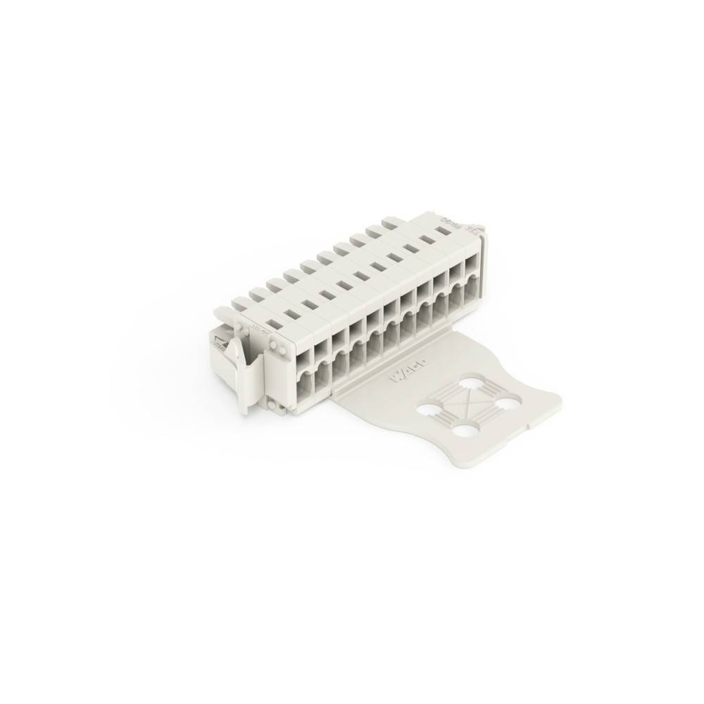 Ein weißer Elektrostecker-Block mit mehreren Steckplätzen und einer Klappe mit kreisförmigen Ausschnitten, der zum Organisieren und Verbinden von Drähten verwendet wird.