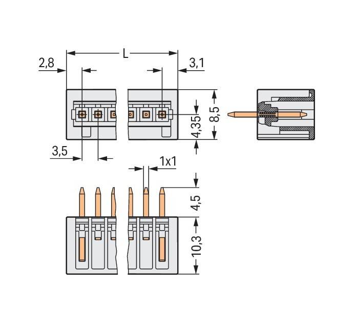 Technische Zeichnung eines Verbinders mit Maßen: L, 2,8, 3,1, 8,5, 3,5, 1x1; Pinbelegung und Querschnittsansichten dargestellt.
