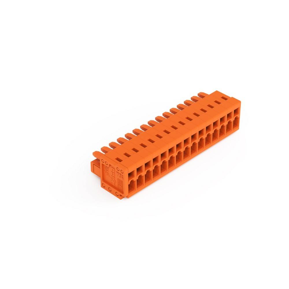 Ein orangefarbiger Klemmblock mit mehreren Verdrahtungsplätzen, der für elektrische Verbindungen verwendet wird. Der Block ist rechteckig und hat ein kompaktes Design.