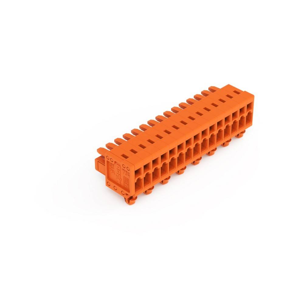 Ein orangefarbener Steckverbinder mit mehreren Anschlüssen für Verdrahtungsverbindungen.