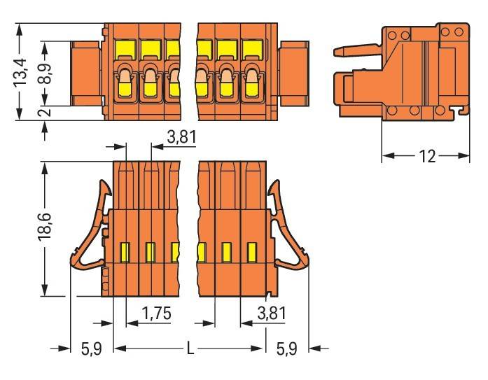Technische Zeichnung eines orangefarbenen Verbinders mit Darstellung von Vorder-, Seiten- und Draufsicht mit Maßangaben. Abmessungen umfassen 3,81 mm und 12 mm.