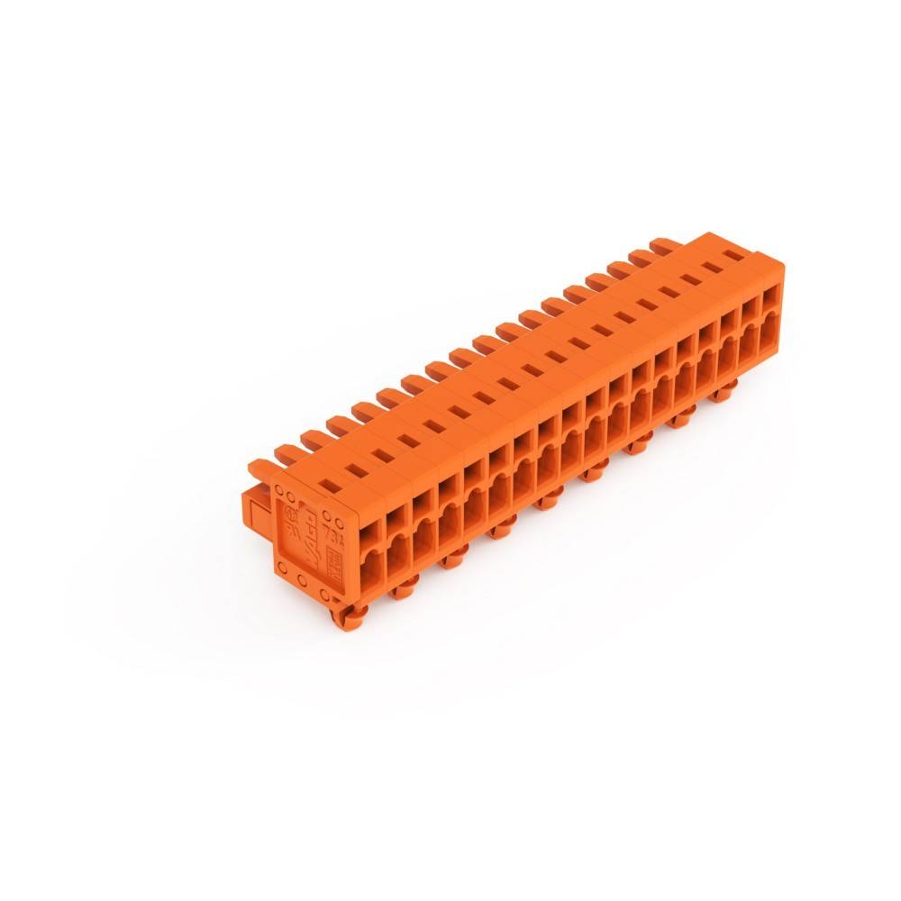 Ein orangefarbiger Kunststoff-Elektronikstecker mit mehreren Schlitzen, horizontal ausgerichtet, wird zum Verbinden von elektrischen Komponenten verwendet.