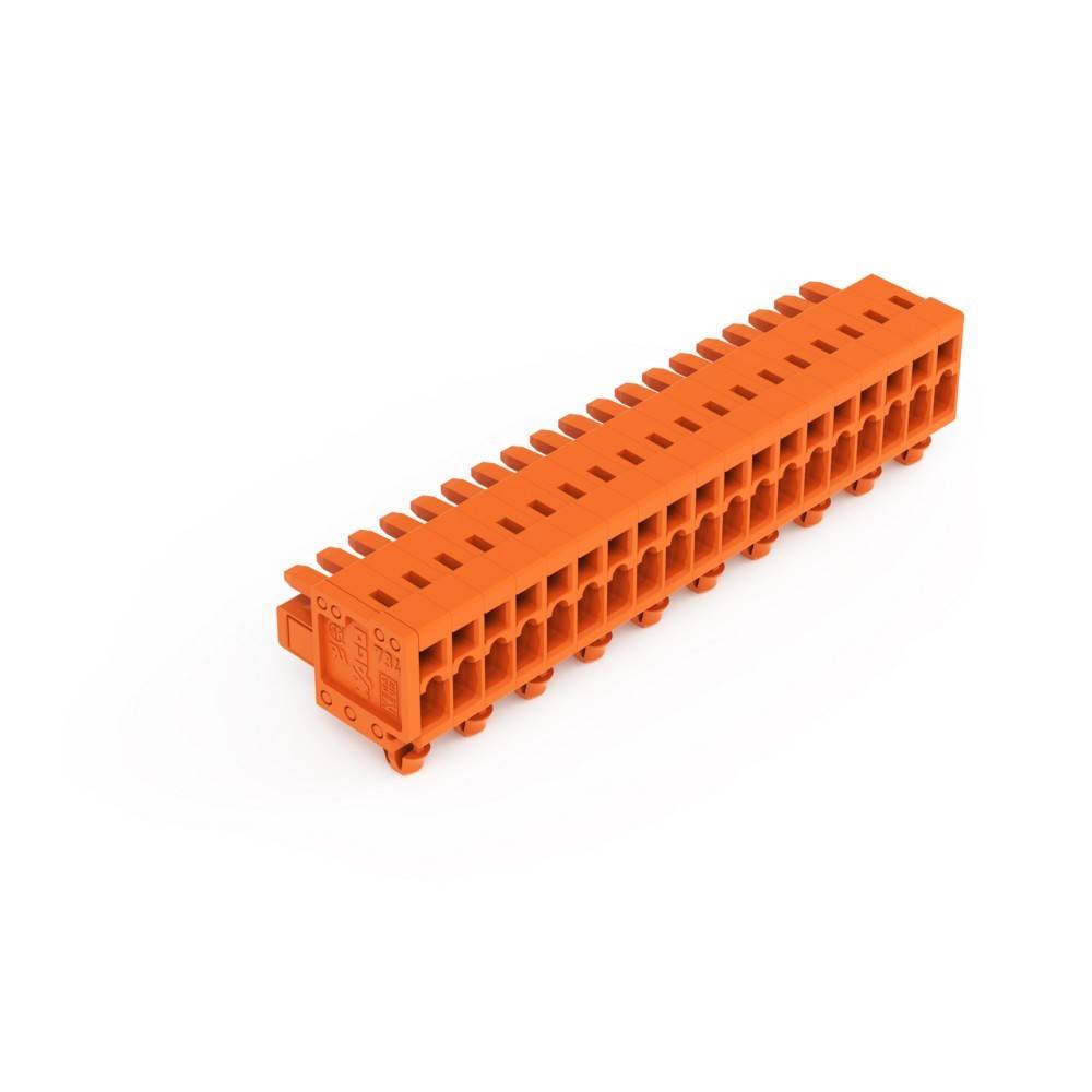 Ein orangefarbener rechteckiger elektronischer Steckverbinder mit mehreren Schlitzen zum Einstecken von Stiften, verwendet für Stromkreisverbindungen.