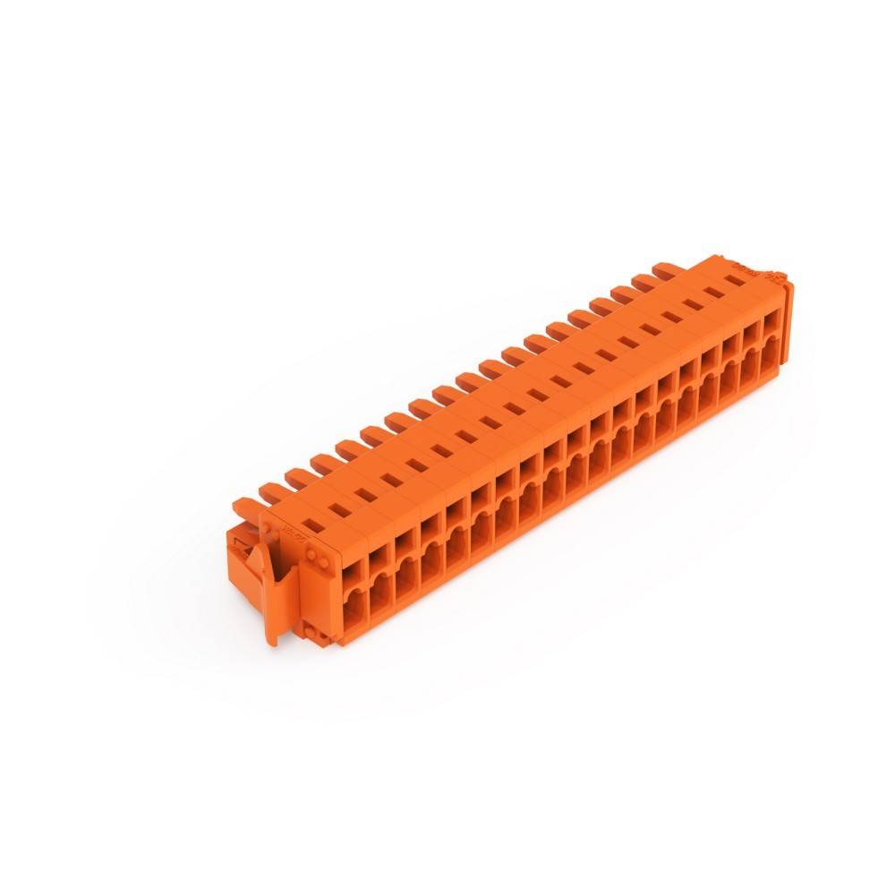 Eine orange Kunststoffkomponente mit mehreren quadratischen Öffnungen, die einem Stecker oder einer Klemmleiste ähnelt, isoliert auf weißem Hintergrund.