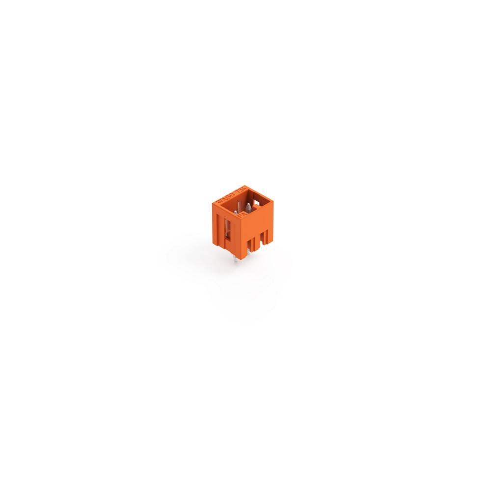 Ein orangefarbener elektronischer Stecker mit zwei Metallstiften, entwickelt zum Befestigen von Komponenten in einer elektrischen Baugruppe oder einem Stromkreis.