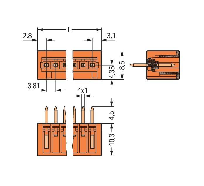 Technische Zeichnung eines elektrischen Steckverbinders mit Abmessungen. Zeigt Ansichten von oben und der Seite, Pinabstand und beschriftete Maße in Millimetern.
