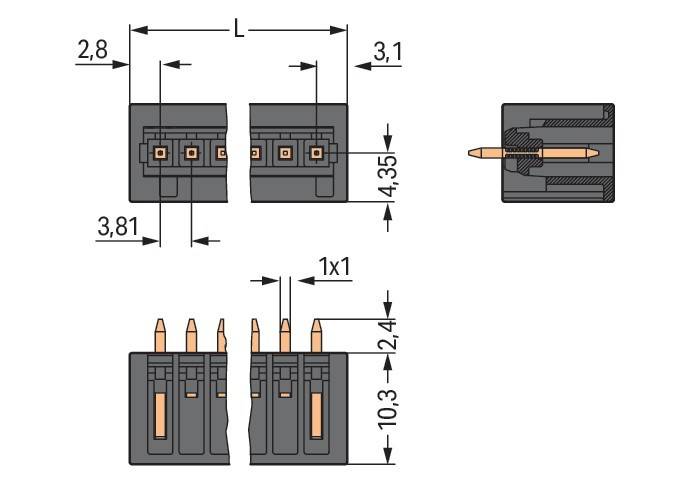 Technische Zeichnung eines Anschlusses mit Stiftanordnung, Maßangaben und Seitenansichten. Zeigt Abmessungen: 3,1 mm Breite, 4,35 mm Höhe.