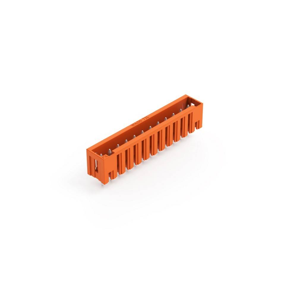 Ein orangefarbiger rechteckiger elektronischer Stecker mit mehreren Kontaktstiften, der zum Verbinden von elektrischen Komponenten verwendet wird.