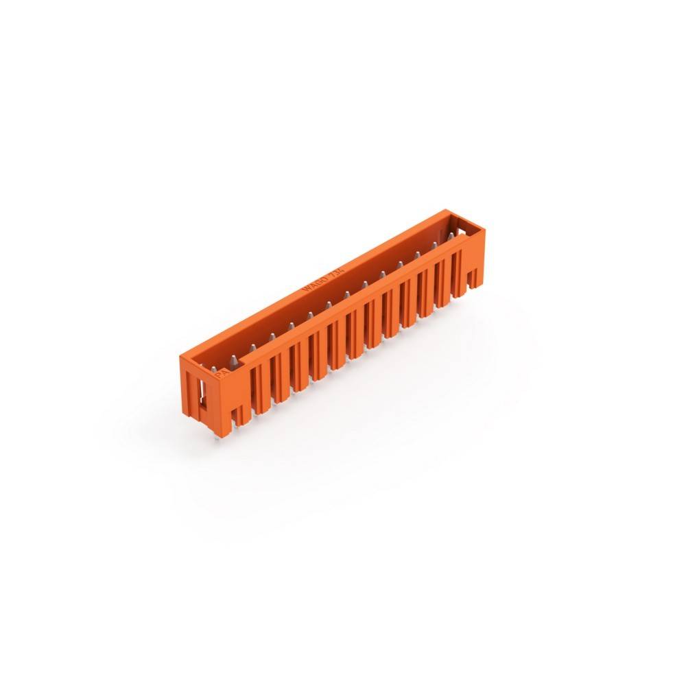 Ein orangefarbiger Kunststoffstecker mit mehreren Stiften, entwickelt für elektronische Leiterplatten.