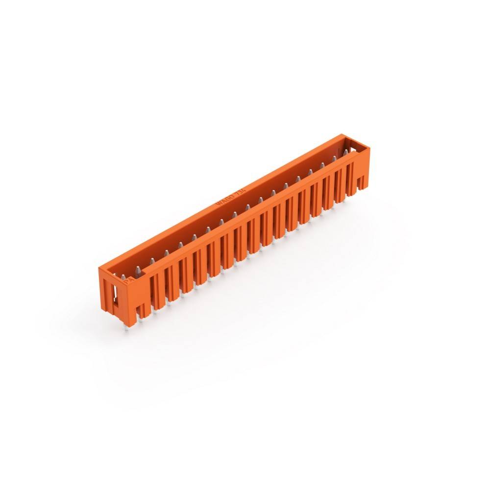Eine orange, rechteckige elektronische Komponente mit mehreren Metallstiften zum Anschluss, möglicherweise ein Stecker oder eine Anschlussleiste.