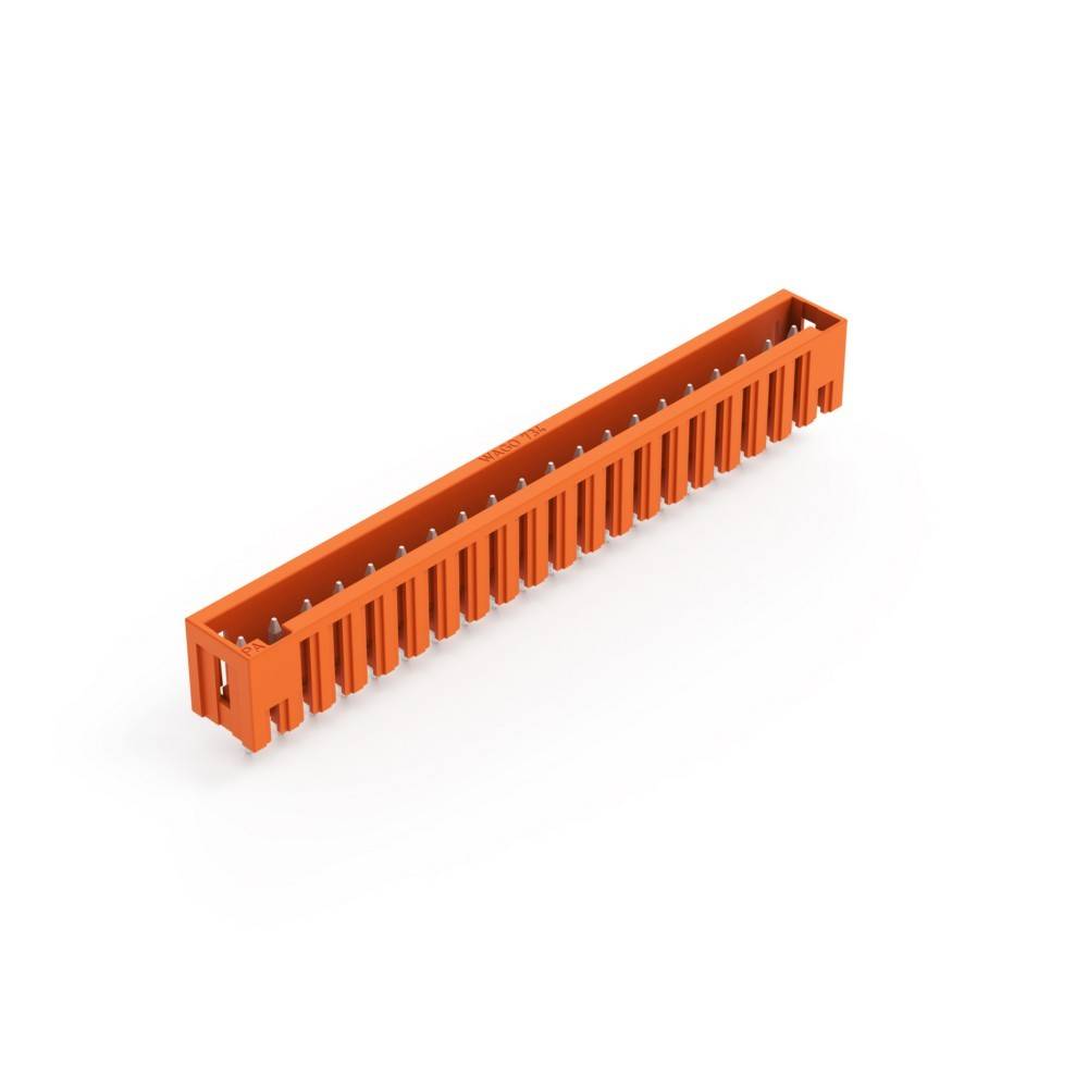 Ein orangefarbenes, längliches Kunststoffobjekt mit gleichmäßig verteilten vertikalen Schlitzen, das dazu konzipiert ist, mehrere Schaltplatinen-Stecker aufzunehmen.