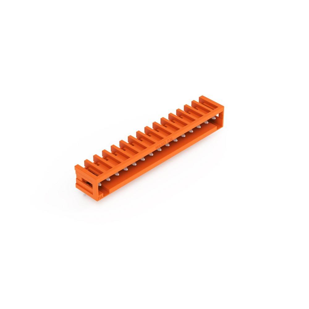 Eine orangefarbige rechteckige Komponente mit mehreren gleichmäßig verteilten Kerben über ihre gesamte Länge, wahrscheinlich ein Teil eines modularen Systems oder einer Baugruppe.