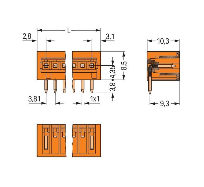 Bild eines elektronischen Anschlusses: Vorder-, Seiten- und Draufsicht mit Abmessungen. Schlüsselmessungen: Breite 10,3 mm, Höhe 9,3 mm, Stiftabstand 3,81 mm.