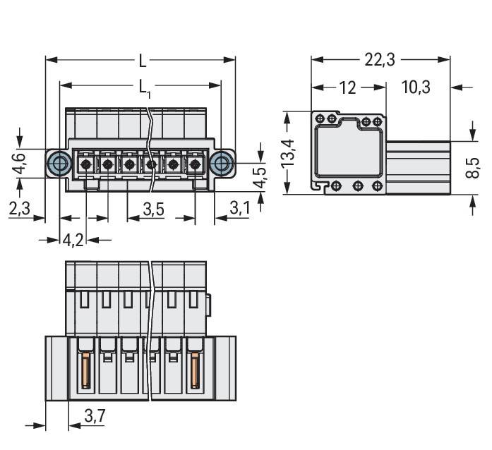 Technische Zeichnung eines elektrischen Anschlusses mit beschrifteten Abmessungen in Millimetern, die Vorder- und Seitenansichten für eine präzise Montage zeigt.