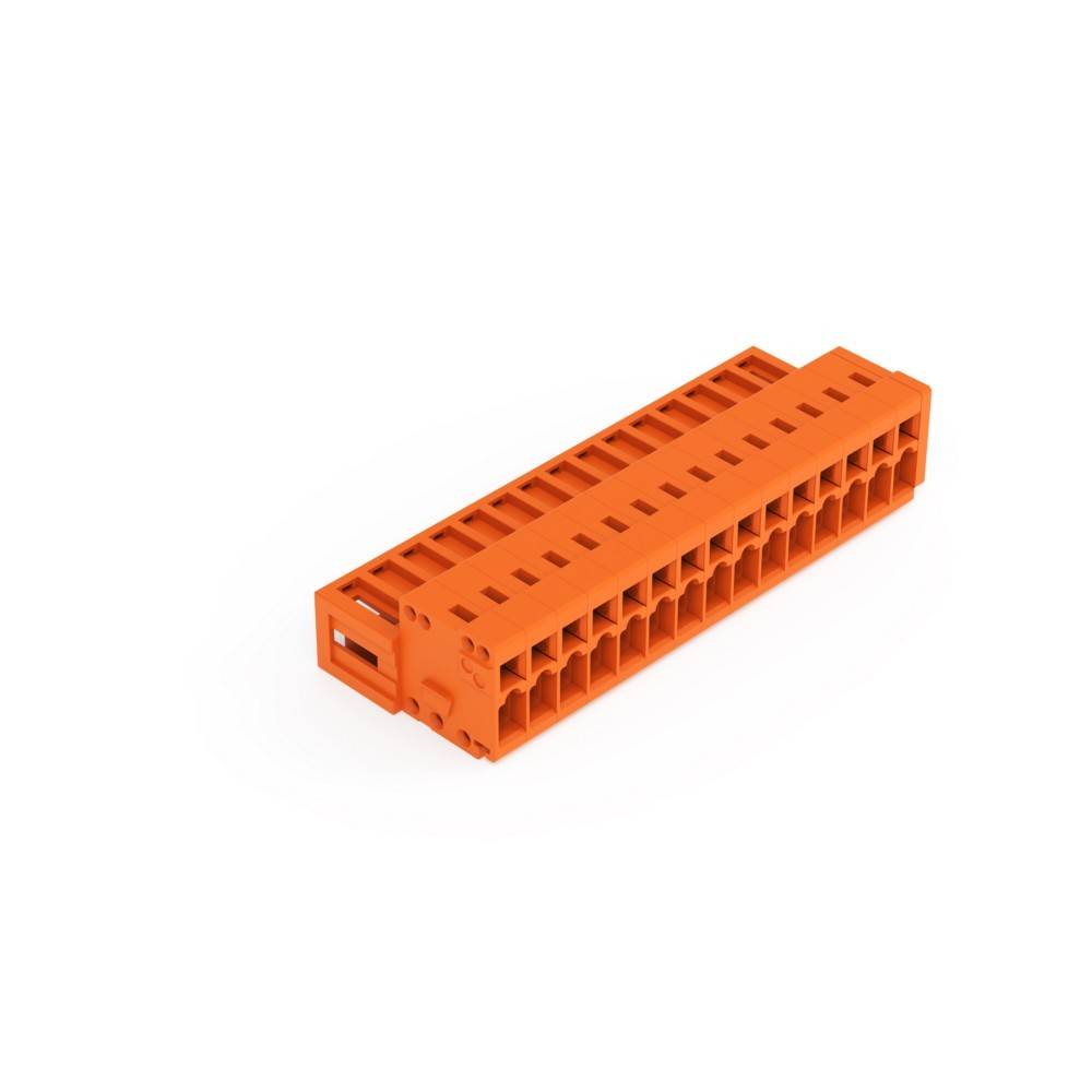 Ein orangefarbiger rechteckiger elektrischer Stecker mit mehreren Schlitzen, der zum Verbinden von Drähten in Leiterplattenanwendungen verwendet wird.